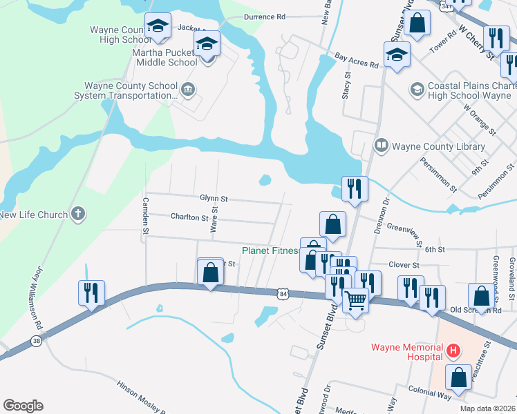 map of restaurants, bars, coffee shops, grocery stores, and more near 121 Glynn Street in Jesup
