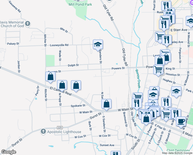 map of restaurants, bars, coffee shops, grocery stores, and more near 924 Herbert Street in Nacogdoches