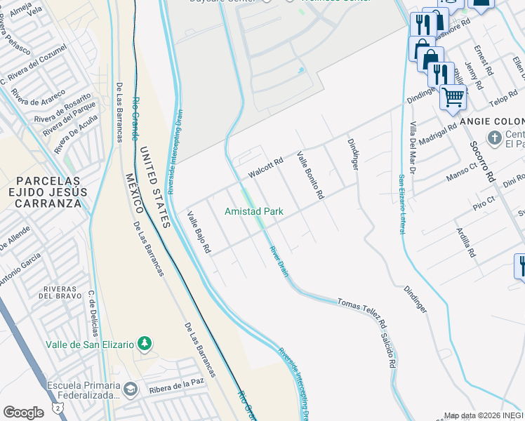 map of restaurants, bars, coffee shops, grocery stores, and more near 11570 Riverside Road in Socorro