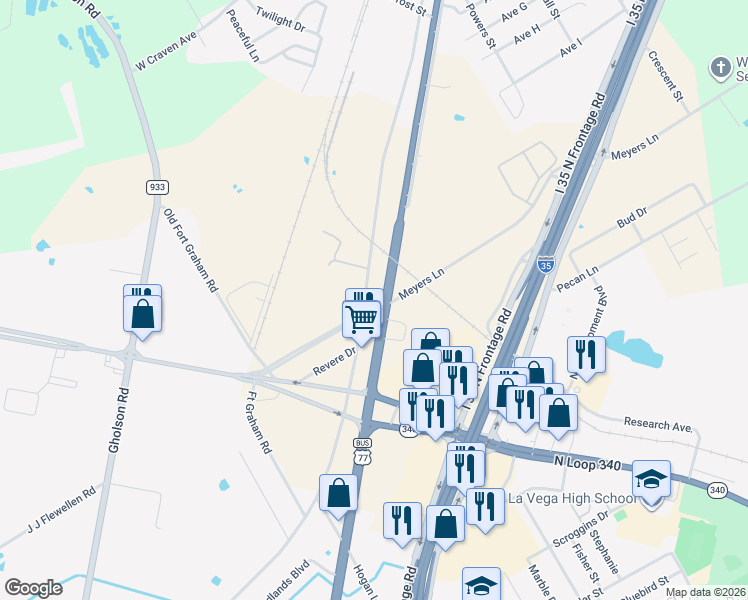 map of restaurants, bars, coffee shops, grocery stores, and more near 641-663 New Dallas Highway in Lacy Lakeview