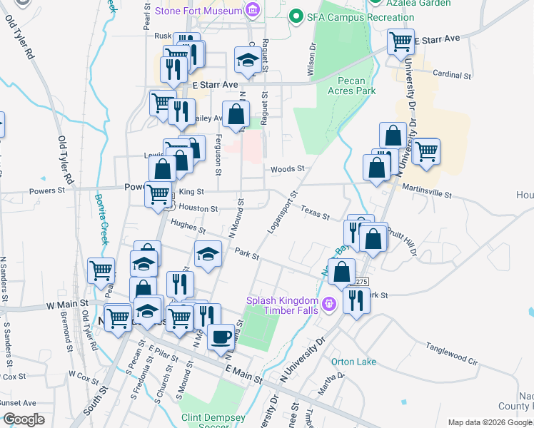 map of restaurants, bars, coffee shops, grocery stores, and more near 512 Houston Street in Nacogdoches