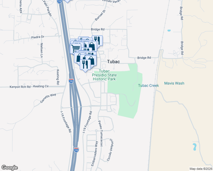 map of restaurants, bars, coffee shops, grocery stores, and more near 130 San Miguel in Tubac