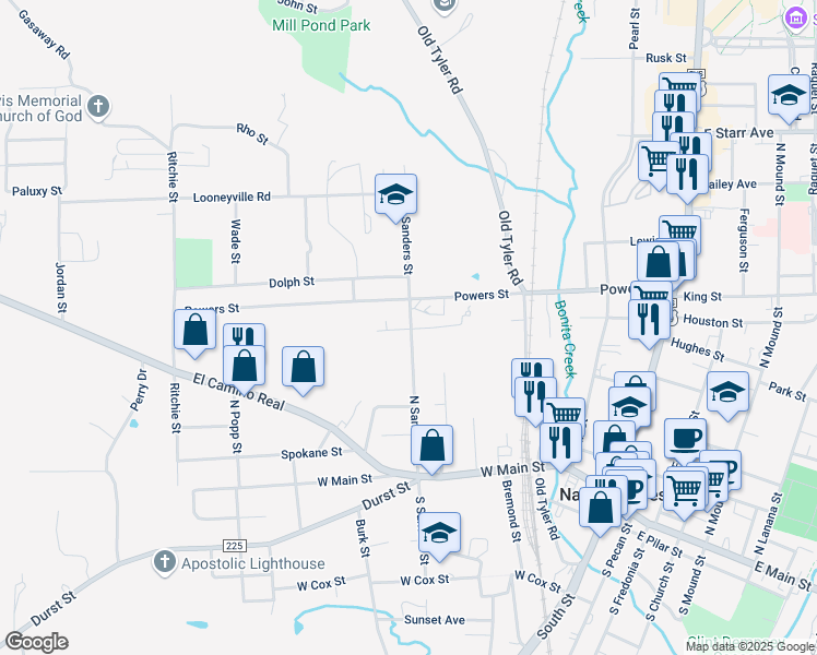 map of restaurants, bars, coffee shops, grocery stores, and more near 924 Herbert Street in Nacogdoches