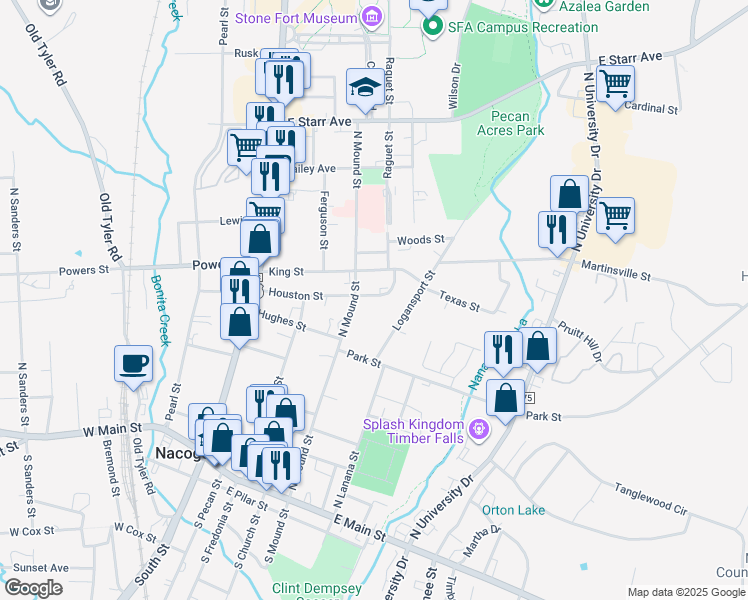 map of restaurants, bars, coffee shops, grocery stores, and more near 512 Houston Street in Nacogdoches