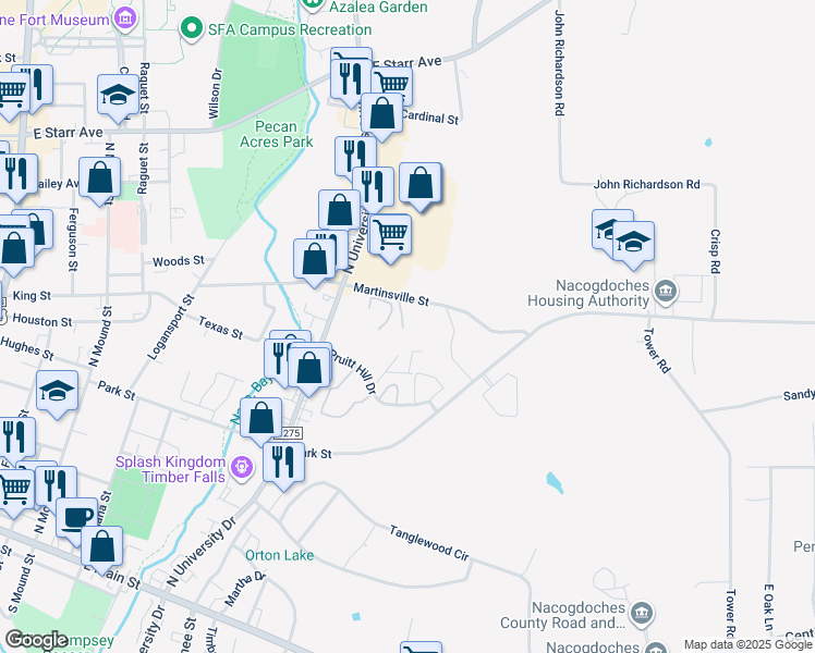 map of restaurants, bars, coffee shops, grocery stores, and more near 1600 Martinsville Street in Nacogdoches