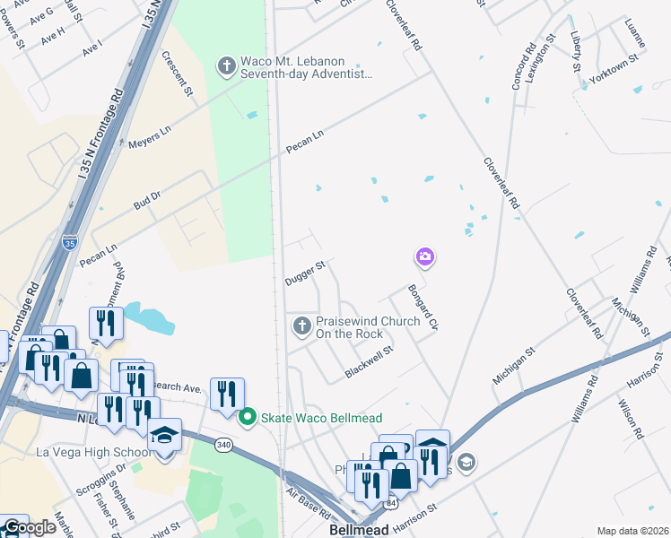map of restaurants, bars, coffee shops, grocery stores, and more near 1313 Timberline Street in Waco