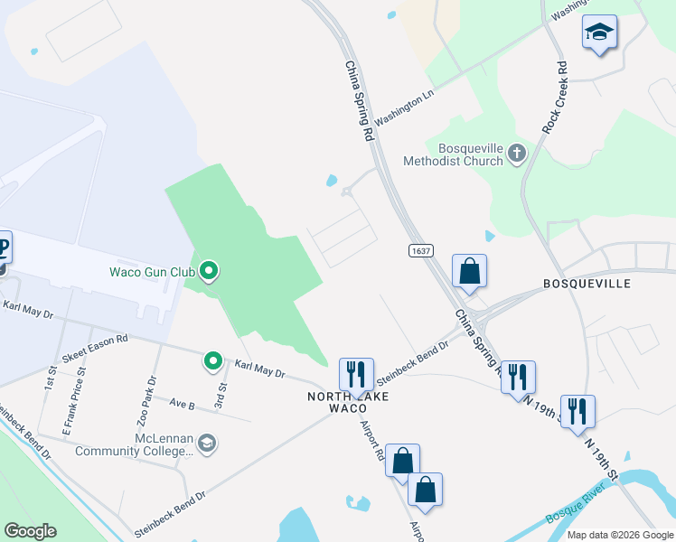 map of restaurants, bars, coffee shops, grocery stores, and more near 2044 Comal Street in Waco