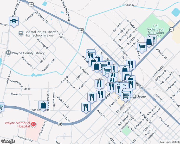 map of restaurants, bars, coffee shops, grocery stores, and more near 151-199 South 4th Street in Jesup