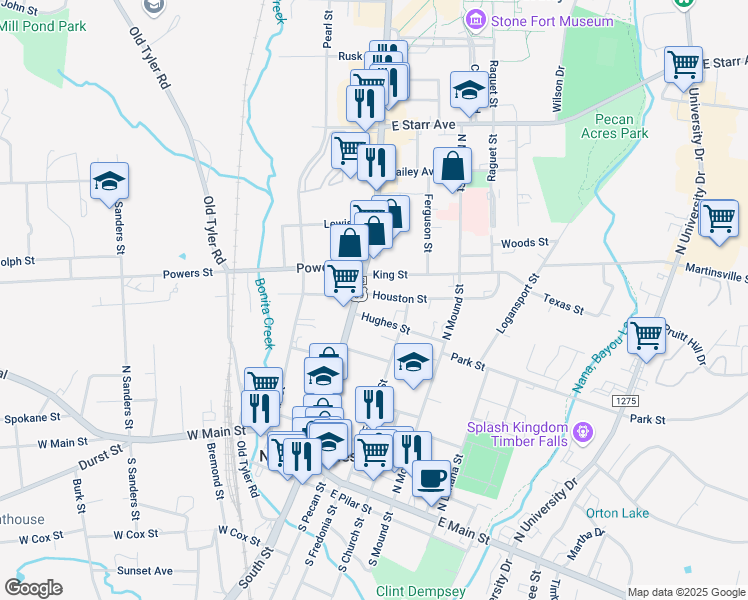 map of restaurants, bars, coffee shops, grocery stores, and more near 118 Houston Street in Nacogdoches