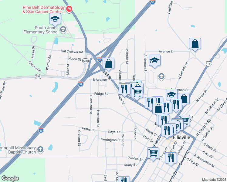 map of restaurants, bars, coffee shops, grocery stores, and more near 905 Fridge St in Ellisville
