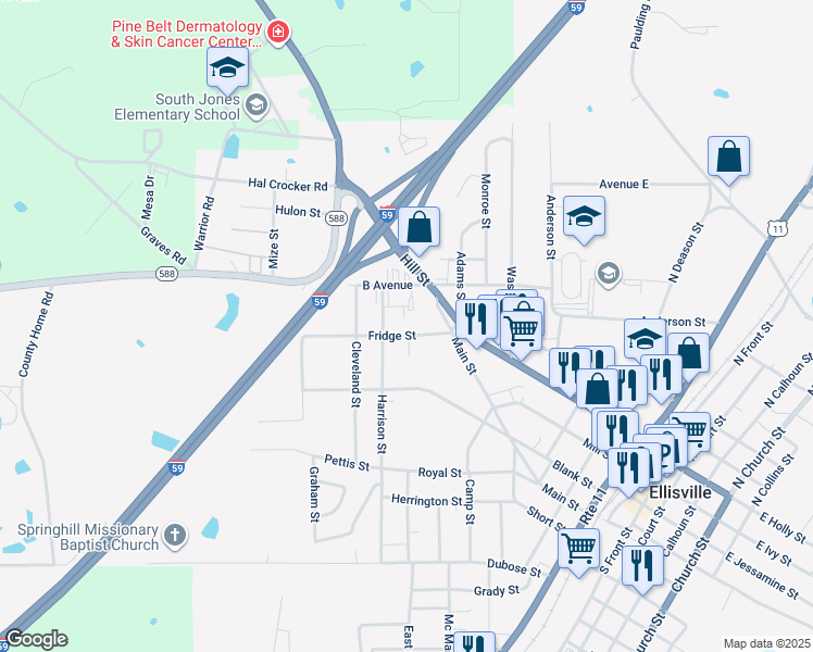 map of restaurants, bars, coffee shops, grocery stores, and more near 905 Fridge Street in Ellisville