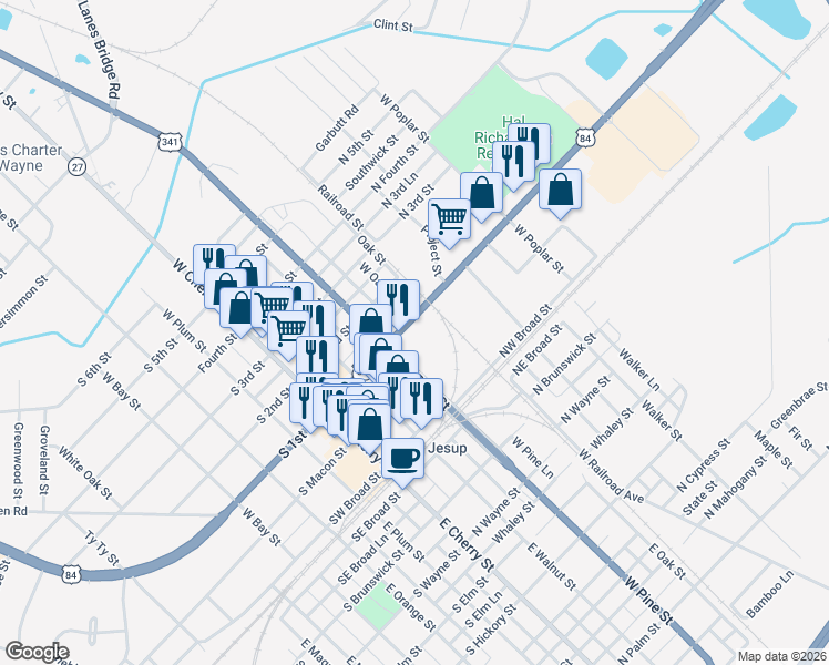 map of restaurants, bars, coffee shops, grocery stores, and more near 362 North 1st Street in Jesup