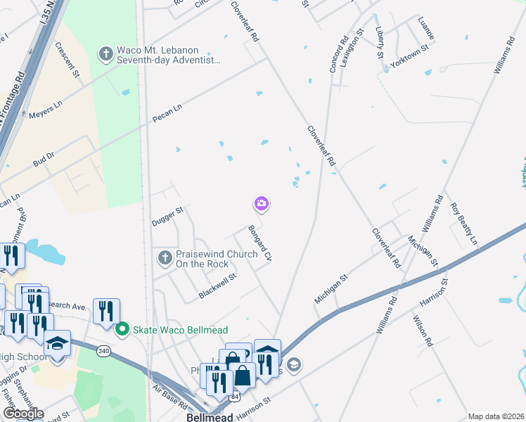 map of restaurants, bars, coffee shops, grocery stores, and more near 1305 Bongard Circle in Waco