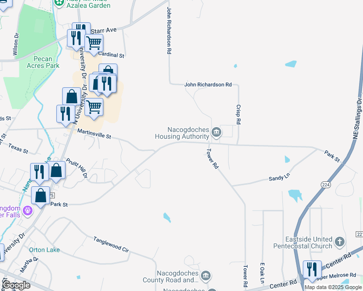map of restaurants, bars, coffee shops, grocery stores, and more near 1700-2376 Park Street in Nacogdoches