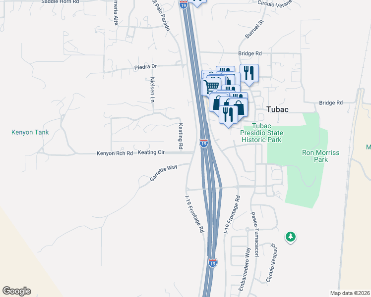 map of restaurants, bars, coffee shops, grocery stores, and more near 104 Keating Road in Tubac