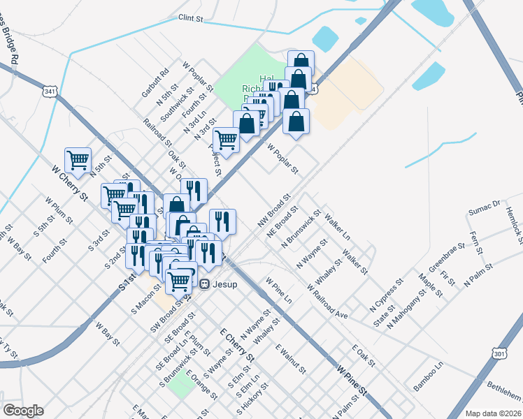 map of restaurants, bars, coffee shops, grocery stores, and more near 447 Northwest Broad Street in Jesup