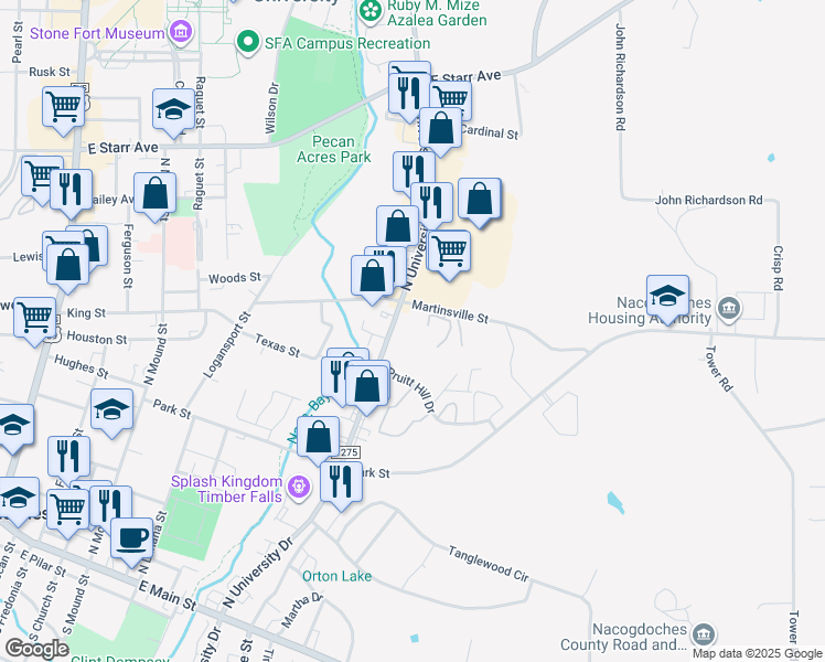 map of restaurants, bars, coffee shops, grocery stores, and more near 150 Loni Drive in Nacogdoches