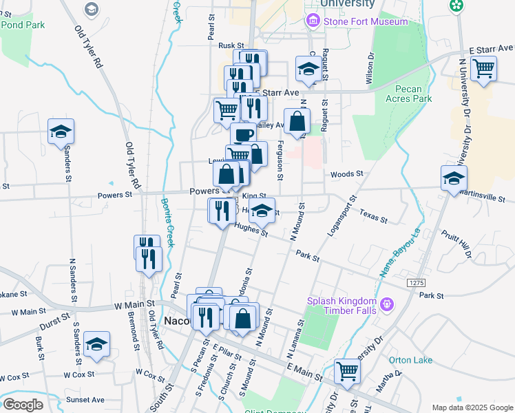 map of restaurants, bars, coffee shops, grocery stores, and more near 118 Houston Street in Nacogdoches