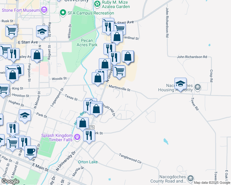 map of restaurants, bars, coffee shops, grocery stores, and more near 1410 Martinsville Street in Nacogdoches