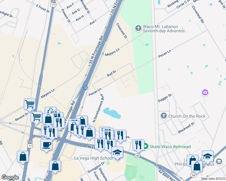 map of restaurants, bars, coffee shops, grocery stores, and more near 3735 Pecan Lane in Waco