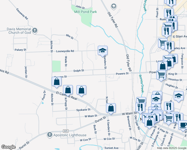 map of restaurants, bars, coffee shops, grocery stores, and more near 1401 Dolph Street in Nacogdoches