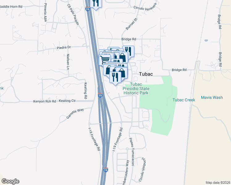map of restaurants, bars, coffee shops, grocery stores, and more near 40 Avenida Goya in Tubac