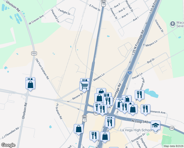 map of restaurants, bars, coffee shops, grocery stores, and more near 641 New Dallas Highway in Lacy Lakeview