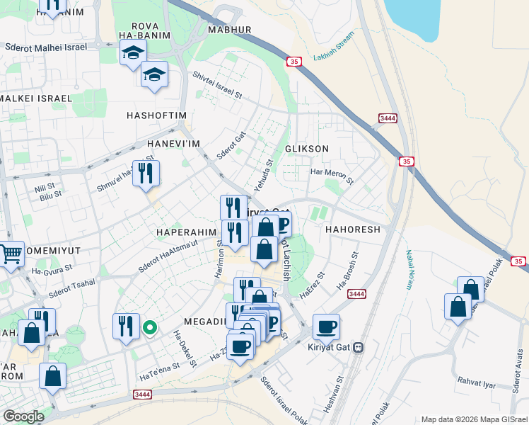 map of restaurants, bars, coffee shops, grocery stores, and more near in Kiryat Gat