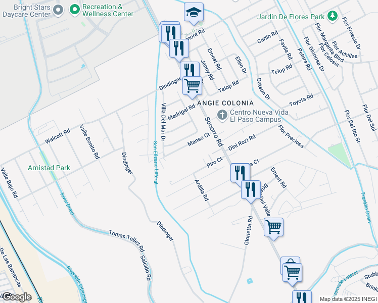 map of restaurants, bars, coffee shops, grocery stores, and more near 11583 La Poblana Drive in Socorro