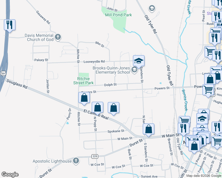 map of restaurants, bars, coffee shops, grocery stores, and more near 1513 Dolph Street in Nacogdoches