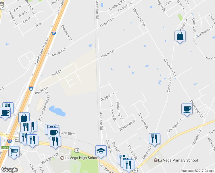 map of restaurants, bars, coffee shops, grocery stores, and more near 1405 Air Base Road in Waco