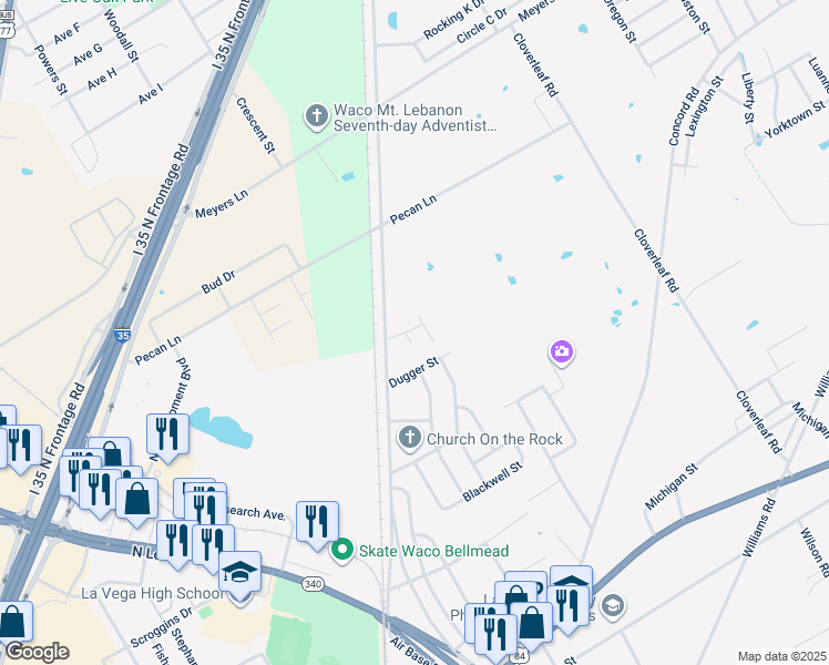 map of restaurants, bars, coffee shops, grocery stores, and more near 1405 Air Base Road in Bellmead