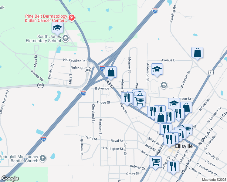 map of restaurants, bars, coffee shops, grocery stores, and more near 901-911 Beiley Ave in Ellisville