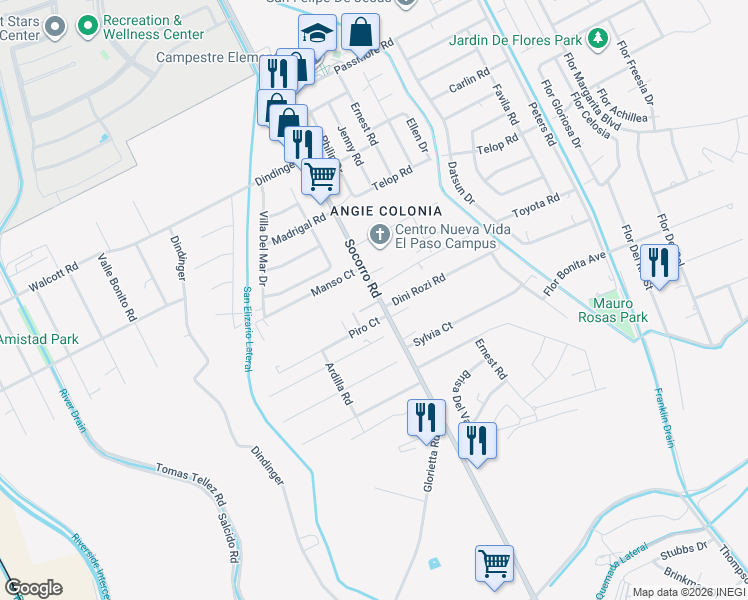 map of restaurants, bars, coffee shops, grocery stores, and more near 11670 Socorro Road in Socorro