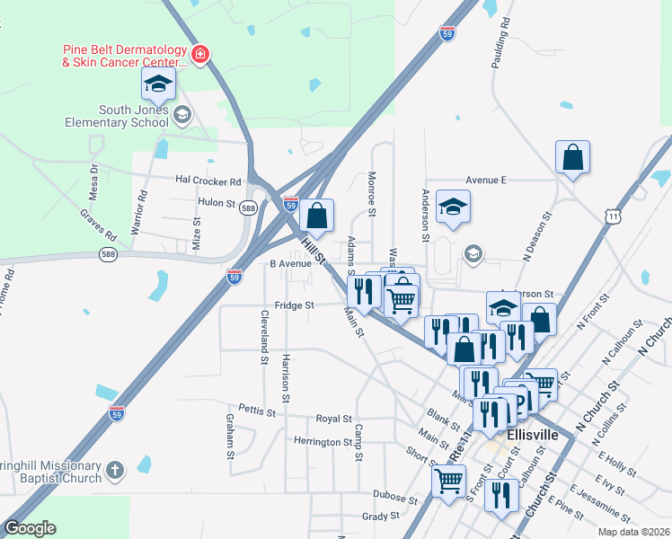 map of restaurants, bars, coffee shops, grocery stores, and more near 901 Beiley Avenue in Ellisville