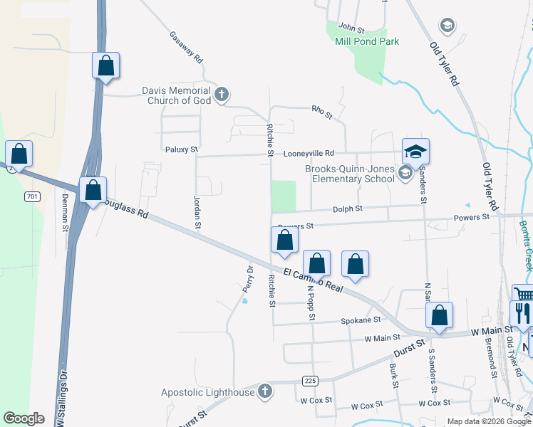 map of restaurants, bars, coffee shops, grocery stores, and more near 815 Ritchie Street in Nacogdoches