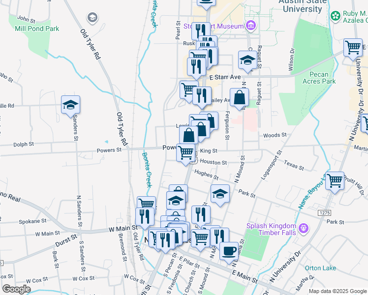 map of restaurants, bars, coffee shops, grocery stores, and more near 121 Powers Street in Nacogdoches