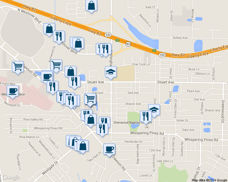 map of restaurants, bars, coffee shops, grocery stores, and more near 2400 Nottingham Way in Albany