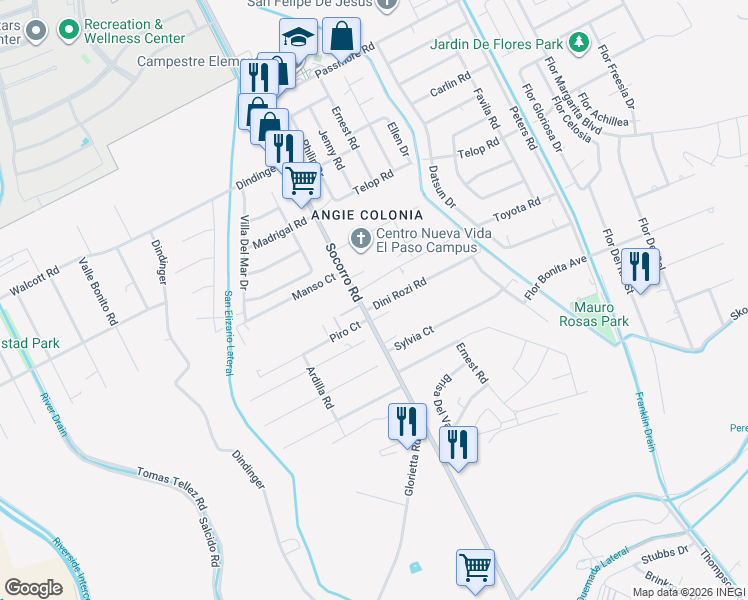 map of restaurants, bars, coffee shops, grocery stores, and more near 569 Dini Rozi Drive in Socorro