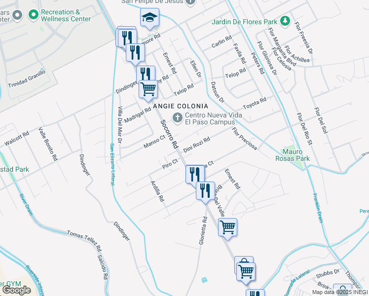 map of restaurants, bars, coffee shops, grocery stores, and more near 569 Dini Rozi Drive in Socorro