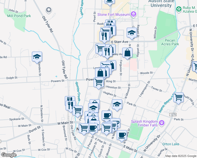 map of restaurants, bars, coffee shops, grocery stores, and more near 121 Powers Street in Nacogdoches