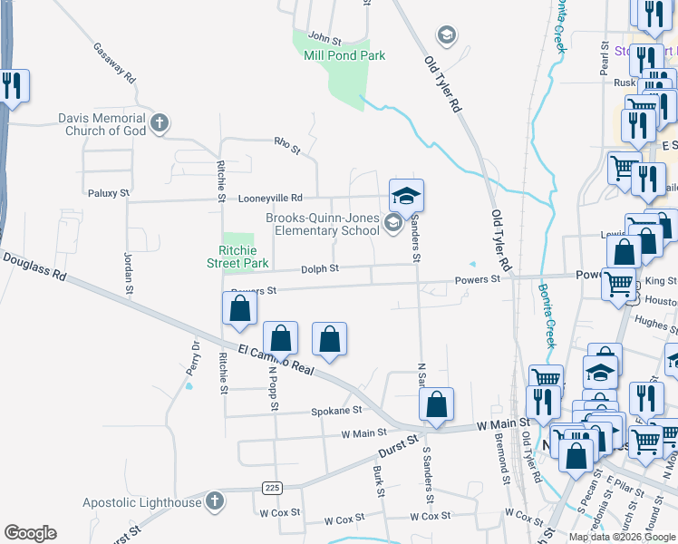 map of restaurants, bars, coffee shops, grocery stores, and more near 1513 Dolph Street in Nacogdoches