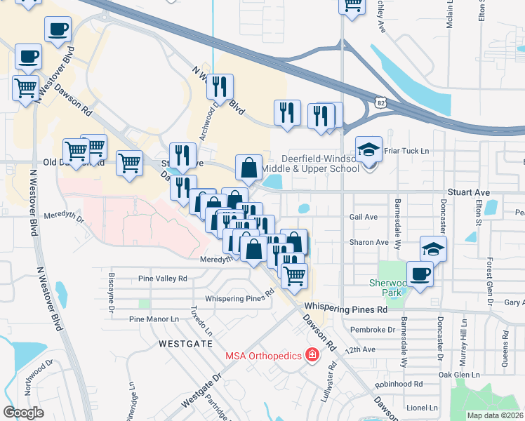 map of restaurants, bars, coffee shops, grocery stores, and more near 2415 Dawson Road in Albany