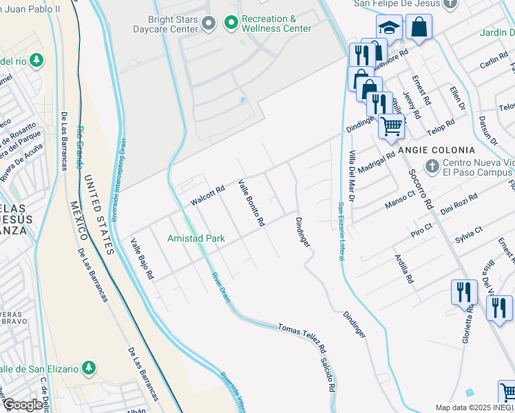 map of restaurants, bars, coffee shops, grocery stores, and more near 11550 Valle Bonito Road in Socorro