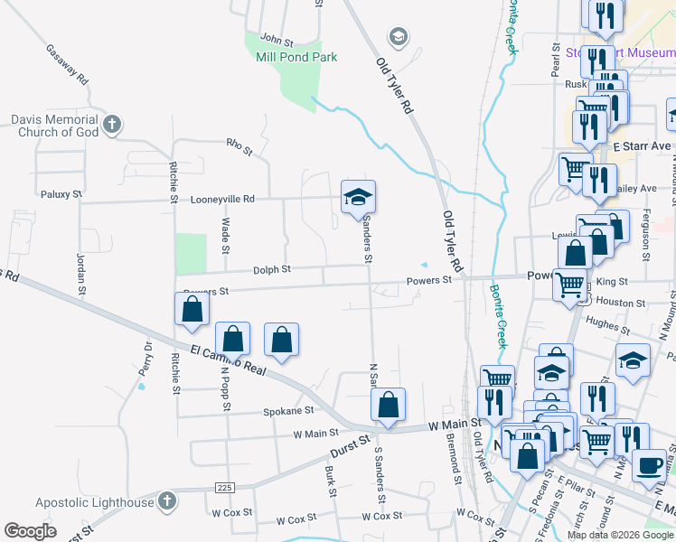 map of restaurants, bars, coffee shops, grocery stores, and more near 1219 Dolph Street in Nacogdoches