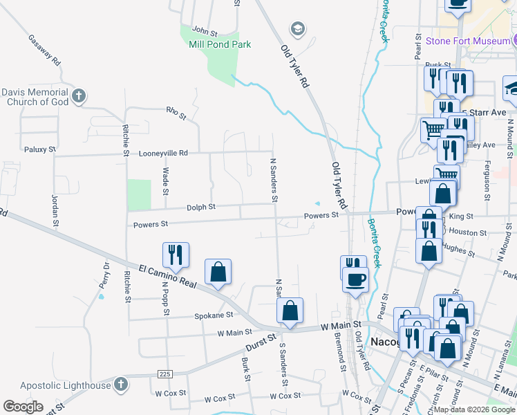 map of restaurants, bars, coffee shops, grocery stores, and more near 1219 Dolph Street in Nacogdoches