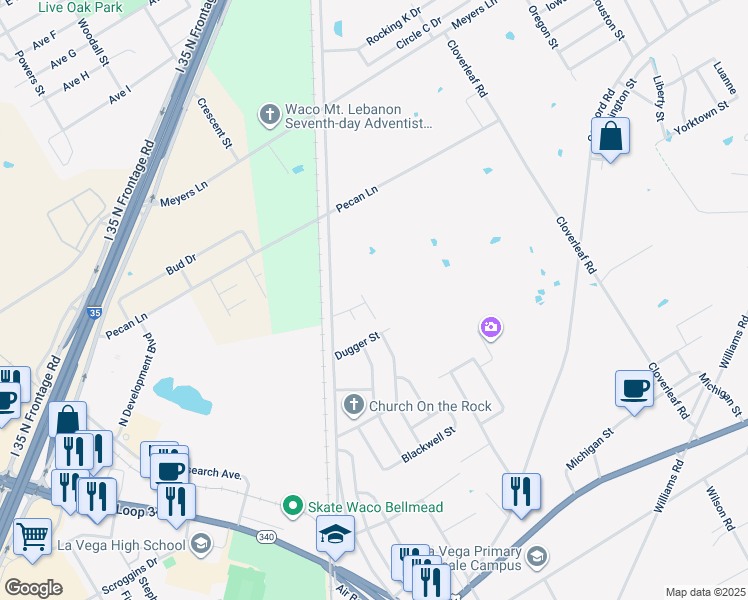map of restaurants, bars, coffee shops, grocery stores, and more near 1405 Air Base Road in Bellmead