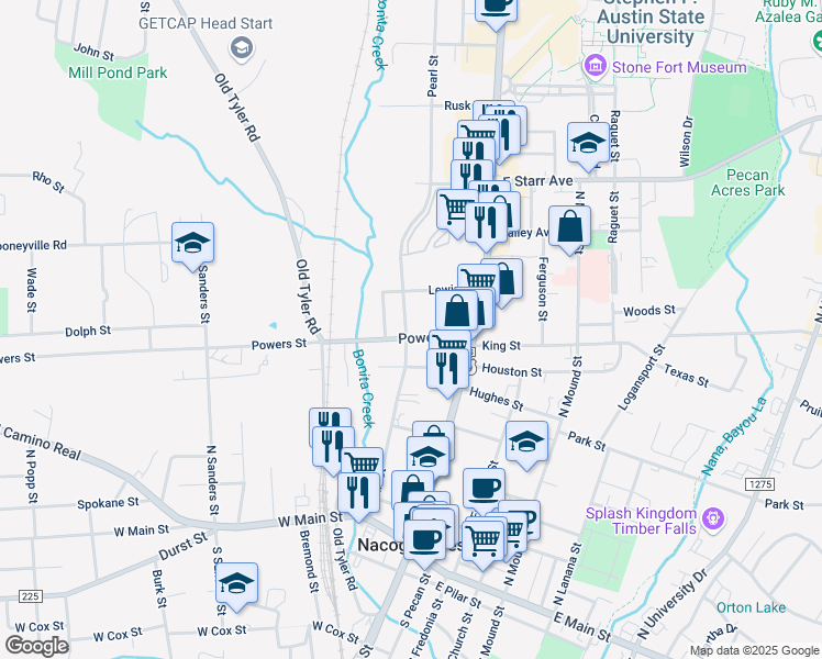 map of restaurants, bars, coffee shops, grocery stores, and more near 310 Powers Street in Nacogdoches