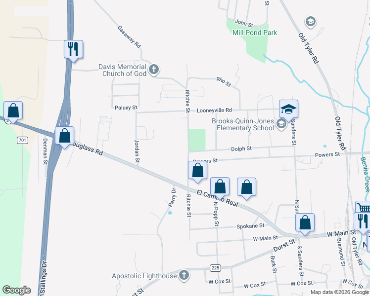 map of restaurants, bars, coffee shops, grocery stores, and more near 815 Ritchie Street in Nacogdoches