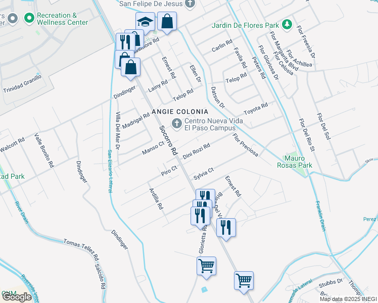 map of restaurants, bars, coffee shops, grocery stores, and more near 569 Dini Rozi Drive in Socorro